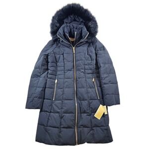 Michael Kors Down Puffer Coat Womens XS Navy Blue w/Bib Faux Fur Hood NEW